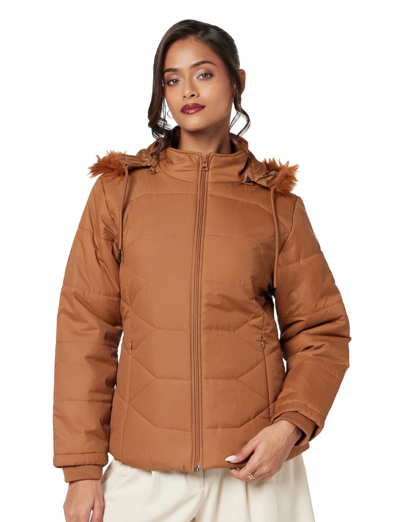 Qube By Fort Collins Polyester Women's Parka Short Length Coat (BD30123AZ_Tan, Brown