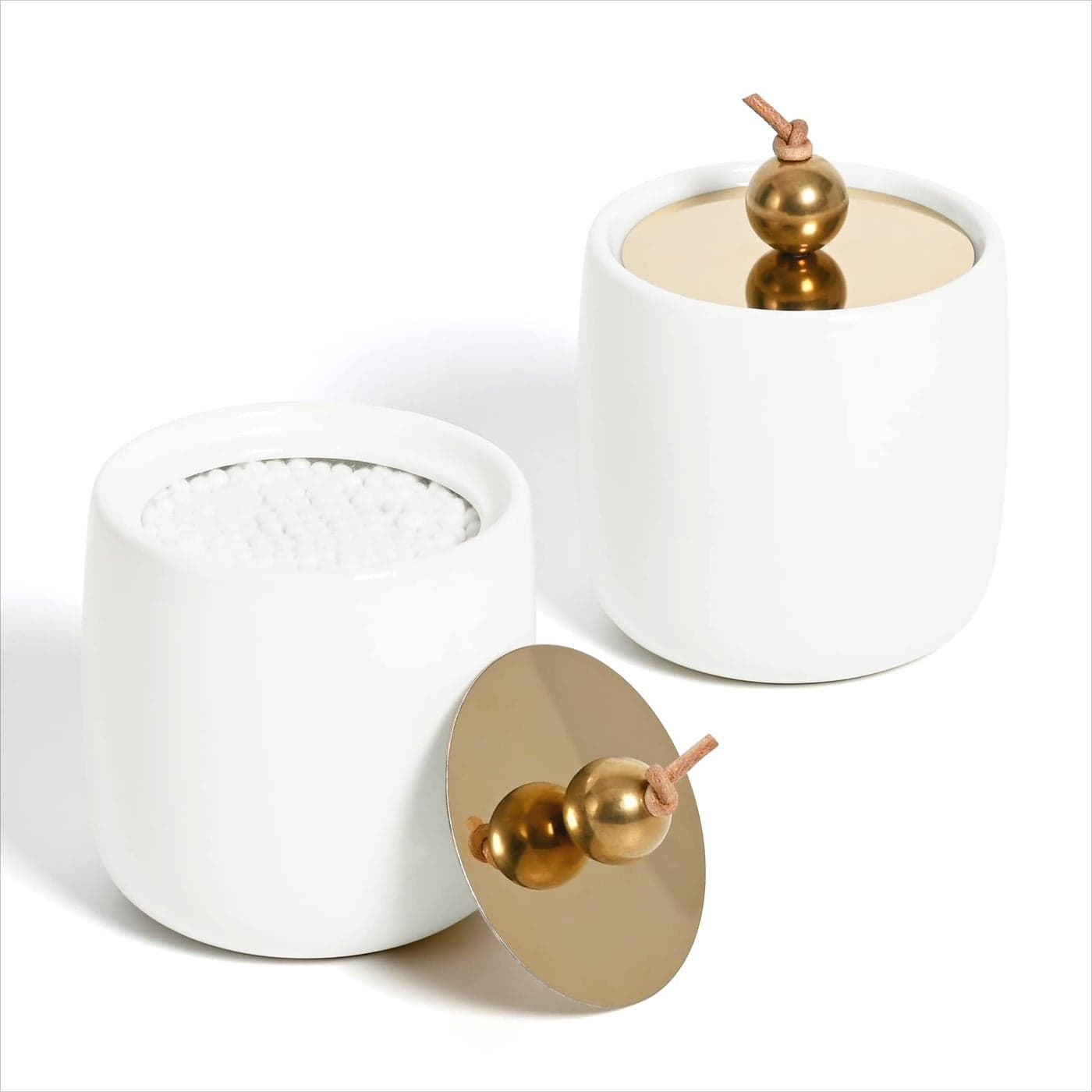 2 Pack Ceramic Qtip Holder Dispenser with Gold Lids White Apothecary Jars Bathroom Vanity Organizer for Home Decor Bathroom Canister for Cotton Swabs Rounds Balls Makeup Sponges Bath Salts