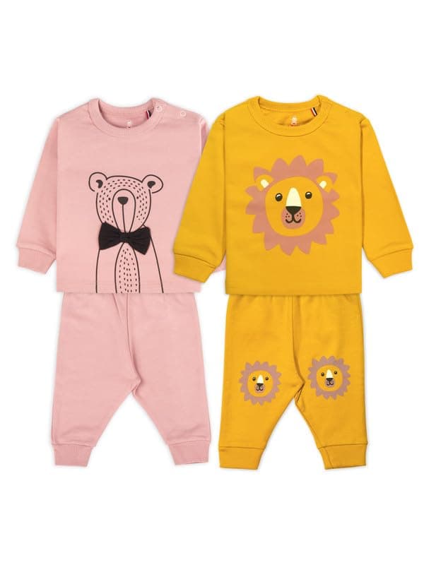 ARIEL Unisex Baby Full Sleeves Cotton Sweatshirt & Joggers Set (Pack of 2) (AR-BS-P2-bby_tie_Mustard_Lion-9-12)