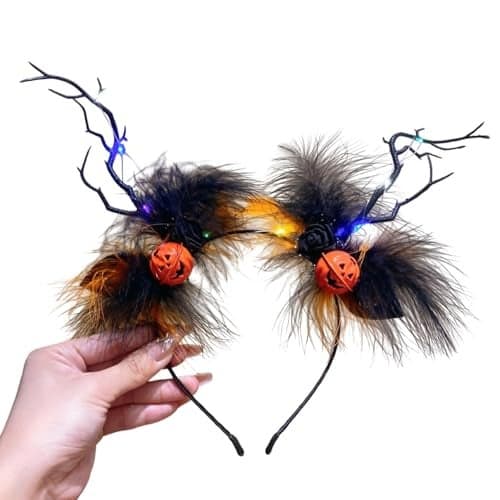 TLISMI Halloween Pumpkin Antler Headband with LED Lights for Women & Girls | Spooky Black Feather Cosplay Costume Hair Accessory with Glowing Pumpkins, Branch Antlers & Roses for Themed Party