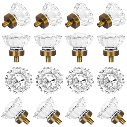 SHINY HANDLES Round Cabinet Knobs Antique Brass Glass Cabinet Knobs Vintage 16 Pack Crystal Drawer Knobs and Pulls Dresser Knobs