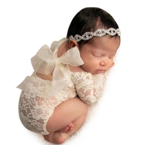 ForBaysy Newborn Photography Prop For Girls Newborn Lace Outfits Lace Romper With Headband Infant Bow Princess Costume Letard