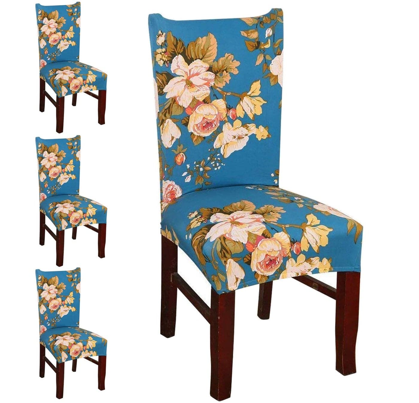Styleys Polyester Blend Chair Cover Stretchable Printed Washable Elastic Chair Covers Set of 4 Seater for Home, Kitchen, Party, Restaurant, Hotel (SD14 Blue Flower) - Set of 4