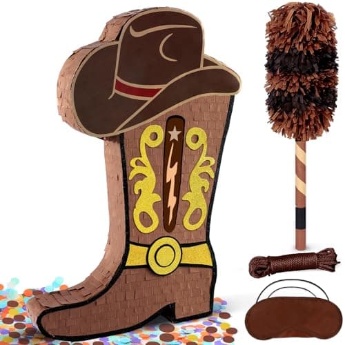 Cowboy Boot Pinata for Western Theme Party Decorations Large Brown Cowgirl Birthday Pinata with Stick Blindfold Wild West Party Supplies Gender Reveal Bachelorette Nashville Last Disco Decor