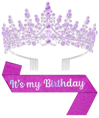 Papoopy Birthday Tiara and Crown with Sash, Birthday Tiara for Women Party (Purple)