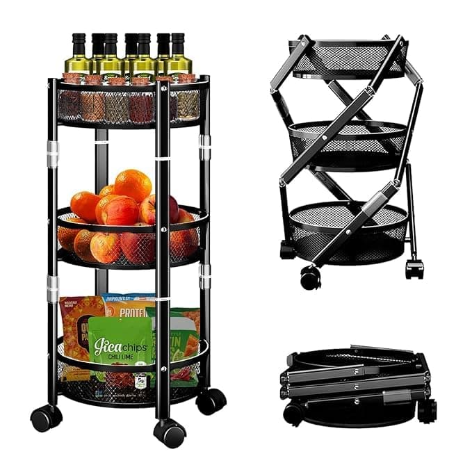 Whixant 3Tier Foldable Storage Cart Rolling Fruit Vegetable Basket Stand with 3 Metal Mesh Baskets Kitchen Rolling Storage Basket on Wheels for Pantry Dining Room Living Room