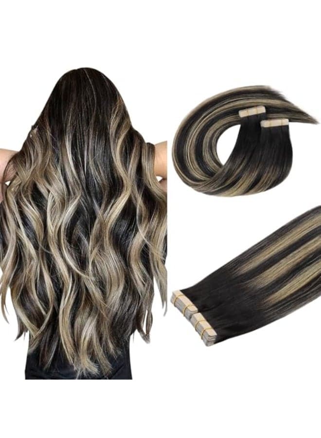 DOORES Tape in Hair Extensions Real Human Hair Natural Black to Light Blonde 10 Inch 60g 40pcs Hair Extensions Tape in Hair Remy Straight Hair Natural Hair for Women