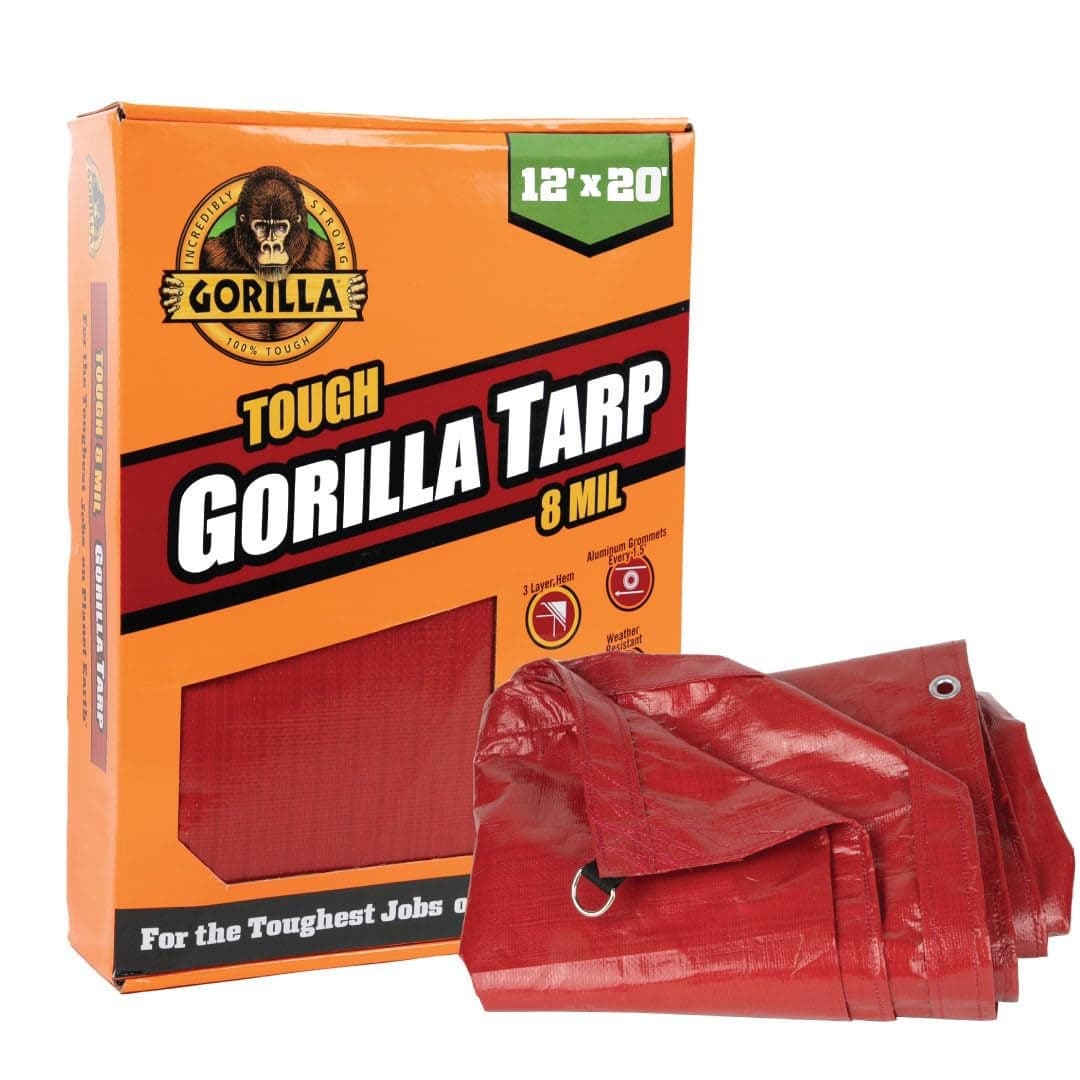 Gorilla Tough Tarp 12 ft x 20 ft HeavyDuty Waterproof Polyethylene 8 mil Thick UV Treated with Reinforced Edges Aluminum Grommets Durable Outdoor Tarp for Camping Gardening Construction