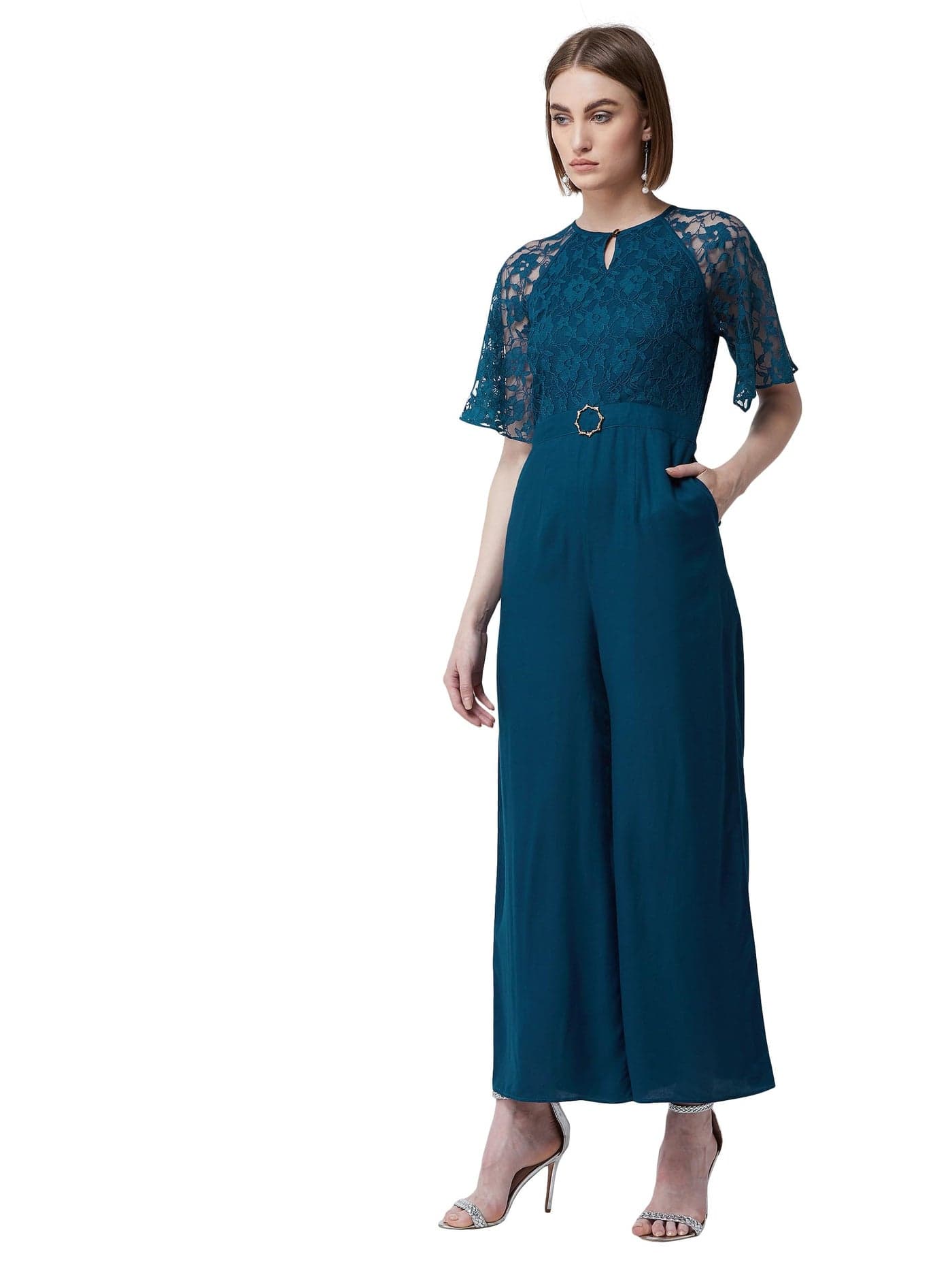 Miss Chase Women's Round Neck Flared Sleeve Floral Raglan Regular Jumpsuit (MCSS23D15-69-83-03, Teal, S)