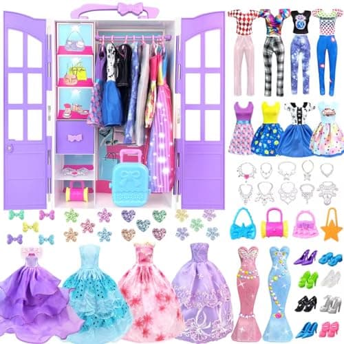 92Pcs Doll Clothes and Accessories with Closet for 115 Inch Doll Fashion Design Kit Girl Dress Up Including Fashion Dress Outfits Tops and Pants Shoes Hangers Bags Necklaces Girls Toy Gifts
