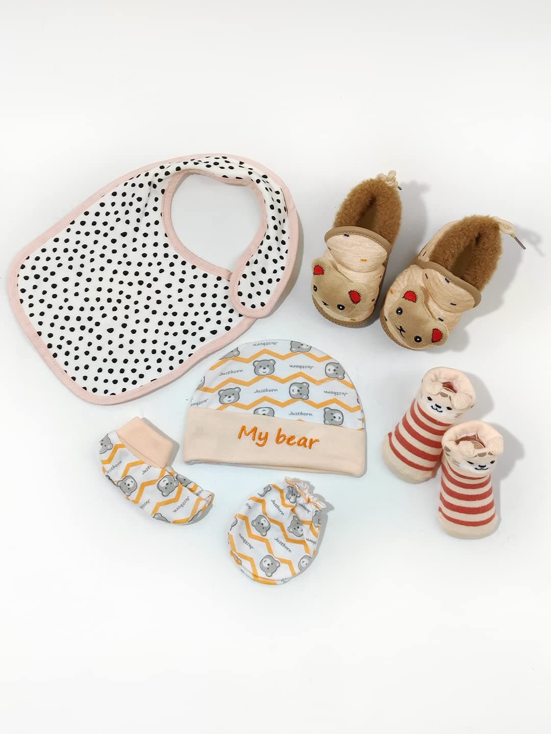 MOM'S HOME Newborn Baby Cmb, Bib, Shoes And Antiskid Socks Set Combo, Gift Set|0-6 Months|Peach