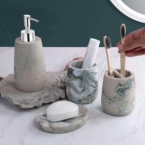 Plantex Resin Bathroom Accessories Set/Soap Holder for Bathroom/Toothbrush Holder/Tumbler Holder/Liquid Soap Dispenser - 4 Piece(Marble Green & Beige)
