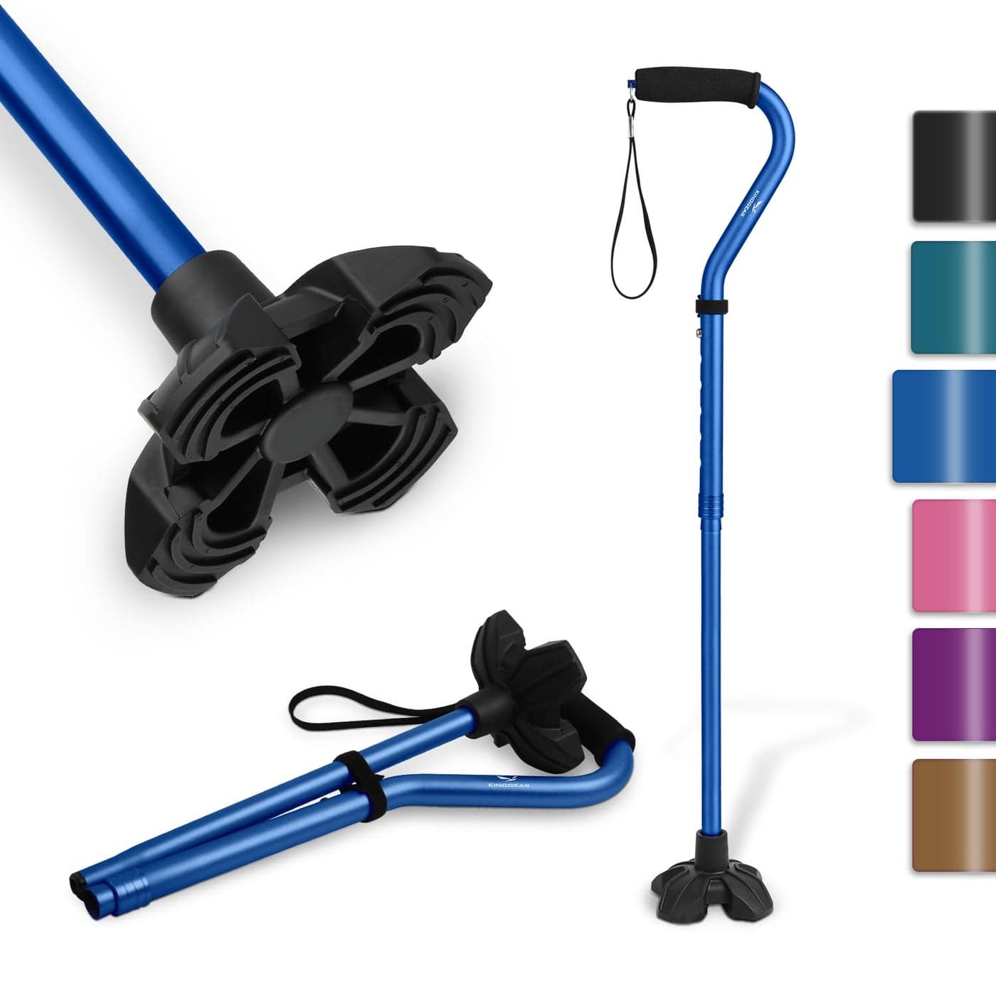 KINGGEAR F1 Walking Stick Walking Cane for Women Men Self Standing Walkers for Senior with Wrist Strap Lightweight Sturdy Offset EVA Handle and Large Quad Base
