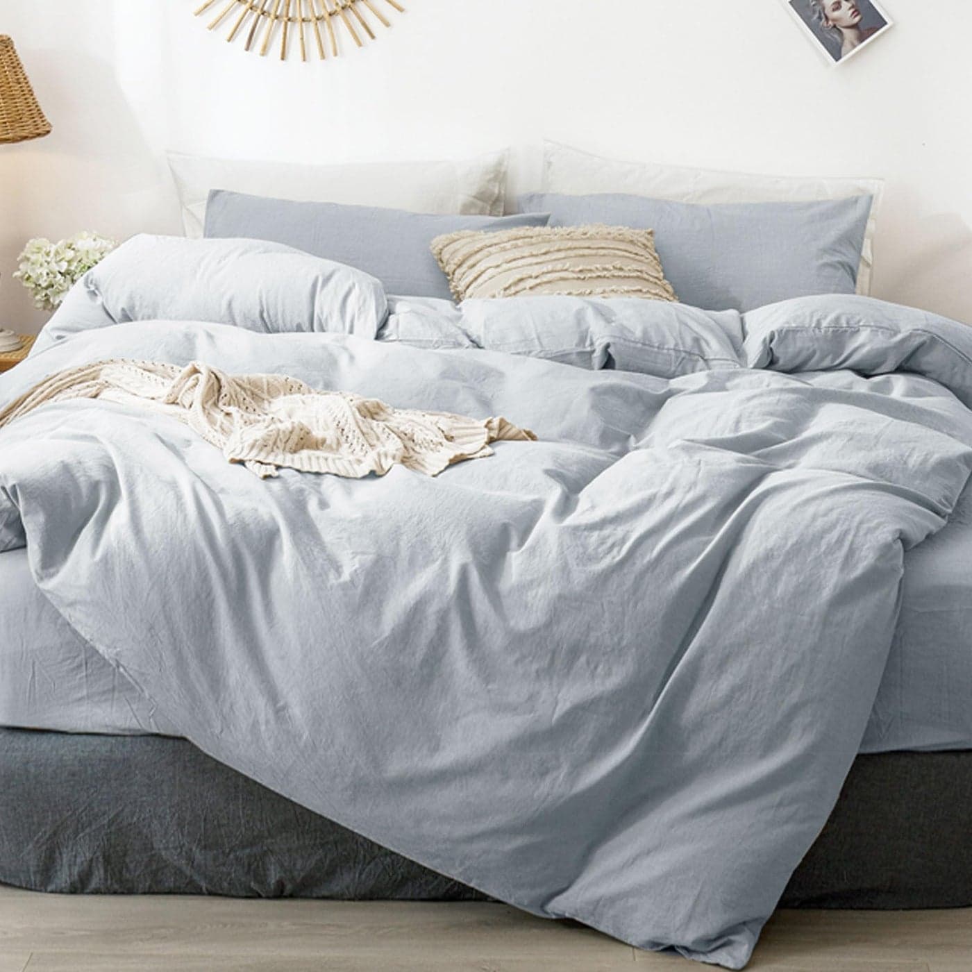 MooMee Bedding Duvet Cover Set 100 Washed Cotton Linen Like Textured Breathable Durable Soft Comfy Heathered Cornflower Blue Twin 68x90