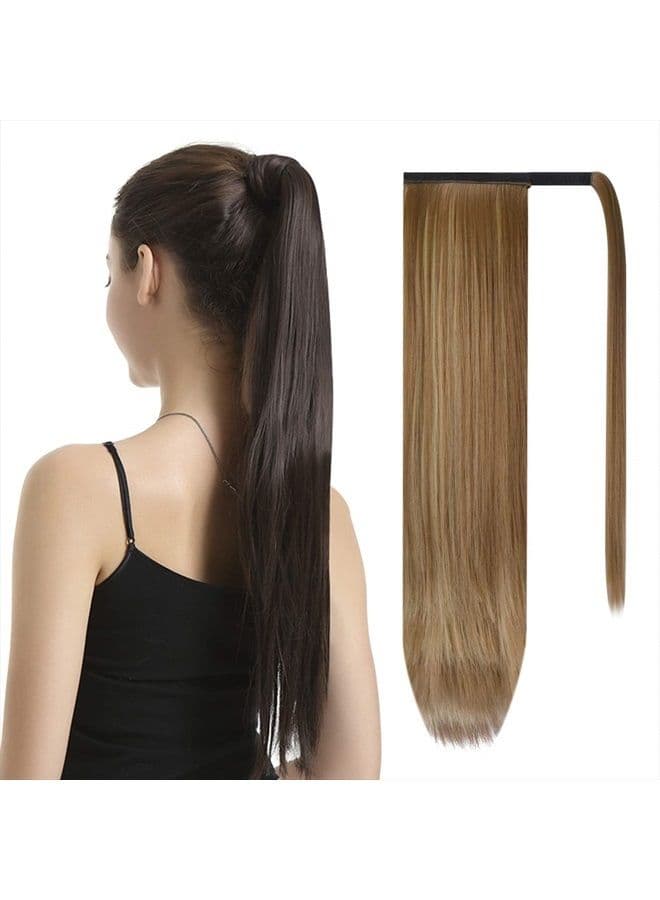 26 inch Ponytail Extension Long Straight Wrap Around Clip in Synthetic Fiber Hair for Women - Brown & Blonde