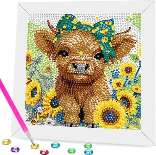 BYGFHLYW Cow Diamond Painting Kit for Kids with Frame Animals Diamond Art for Kids Ages 812 Full Drill Cute Diamond dot Big Gem Art Kits for Children Beginners Home Wall Art Decor 7X7 inch