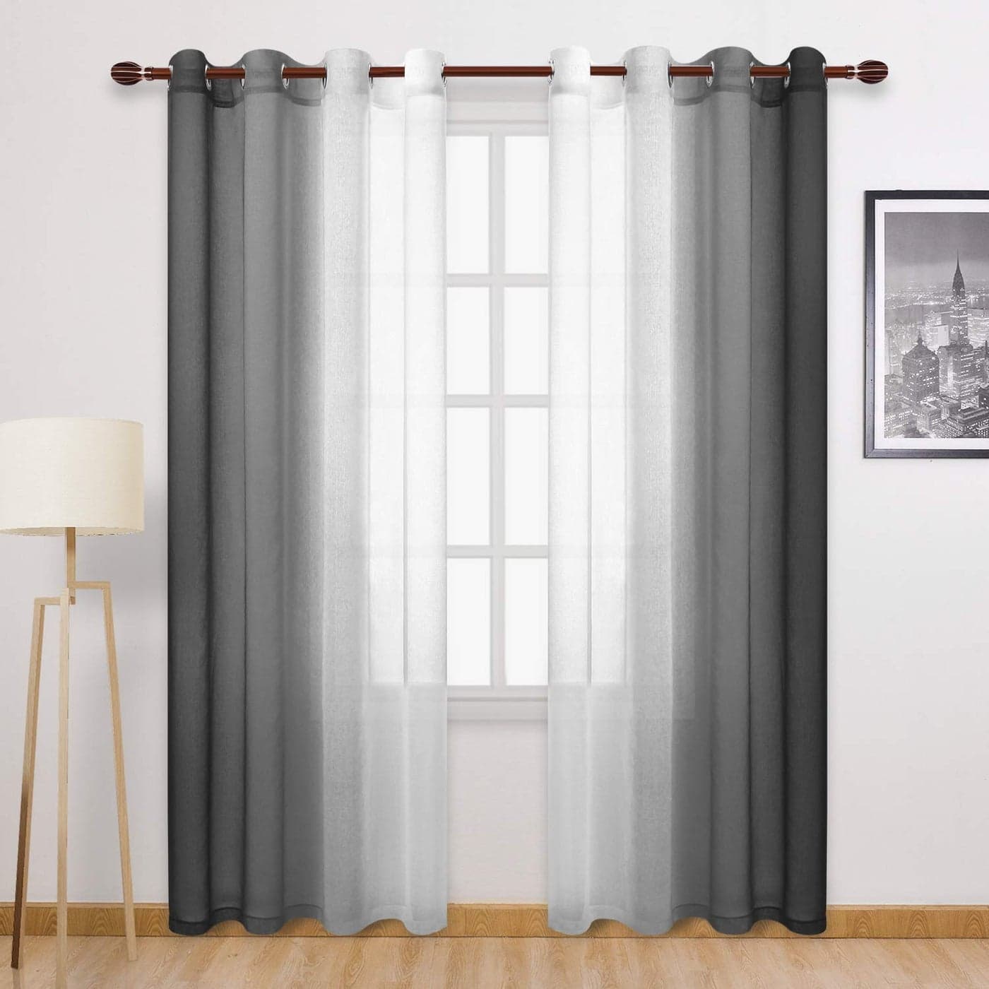 DWCN Black Ombre Sheer Curtains Faux Linen Gradient Semi Voile Bedroom and Living Room Curtains Set of 2 Grommet Top Window Curtain Panels 52 x 90 Inches Long