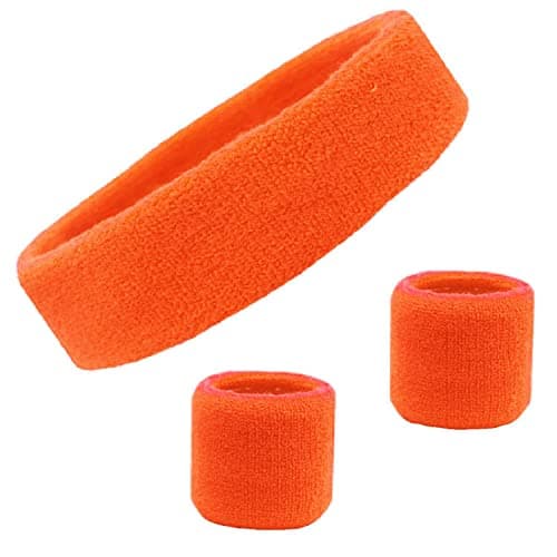 Kenz Laurenz Sweatband Set Cotton Sports Headband Terry Cloth Wristband Moisture Wicking Sweat Absorbing Athletic Exercise Basketball Wrist Sweatbands and Headbands (Orange) Fits Most