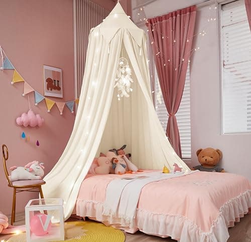 Akiky Kids Bed Canopy with Tassels Natural Crib Canopy with Light for Reading Nook Play Tent Hideaway Hanging Tent Nursery Room Decoration