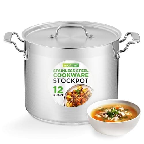 NutriChef 12Quart Stainless Steel Stockpot with Stainless Steel Lid 188 Food Grade Heavy Duty Large Stock Pot for Stew Soup Works wInduction