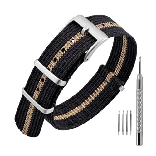 ANNEFIT Nylon Watch Band 22mm OnePiece Waterproof Military Watch Straps with Heavy Silver Buckle BlackKhaki