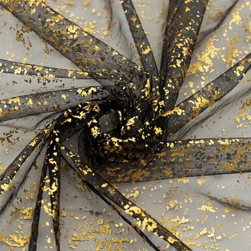 P Pothuiny Glitter Tulle Fabric Black Gold Glitter Metallic Foil Sheer Netting Sparkly Fabric for Wedding Dress Tutu Skirt Crafts Gift Packaging Party Backdrop Decor 1 Yard x 60 Inch