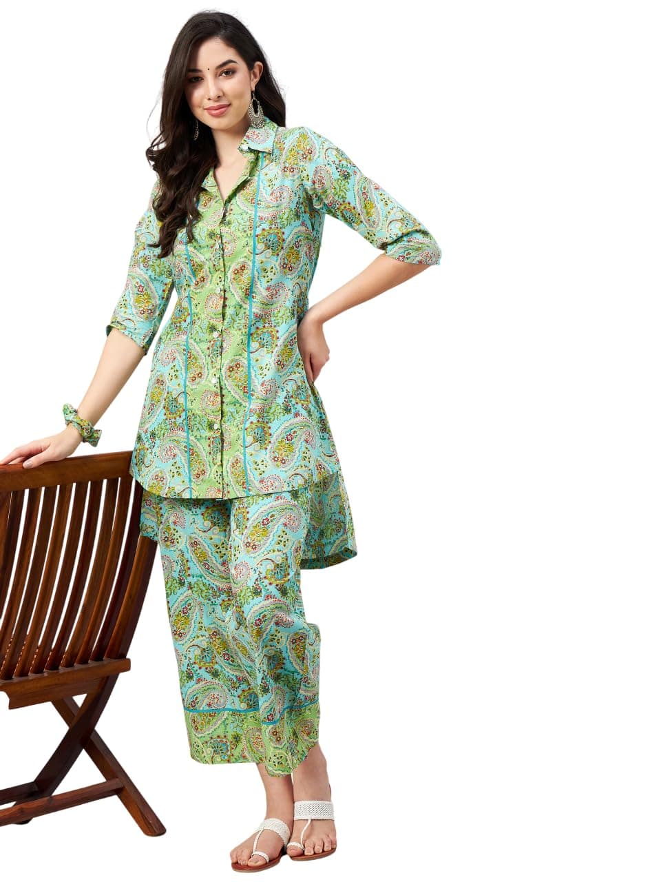 WineRed Cotton Woman Green Paisley Print Relaxed Hi-Low Co-Ord Set With Scrunchies, Large