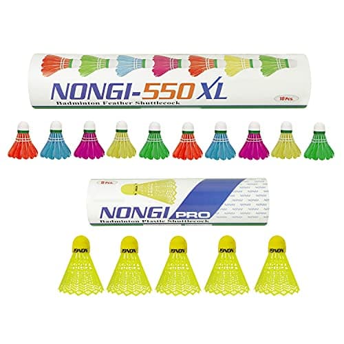 Nongi Pro Combo Pack of 15 Shuttlecocks(5 Yellow Plastic), 550XL(10 Multicolor Feather) for Outdoor Indoor Sports