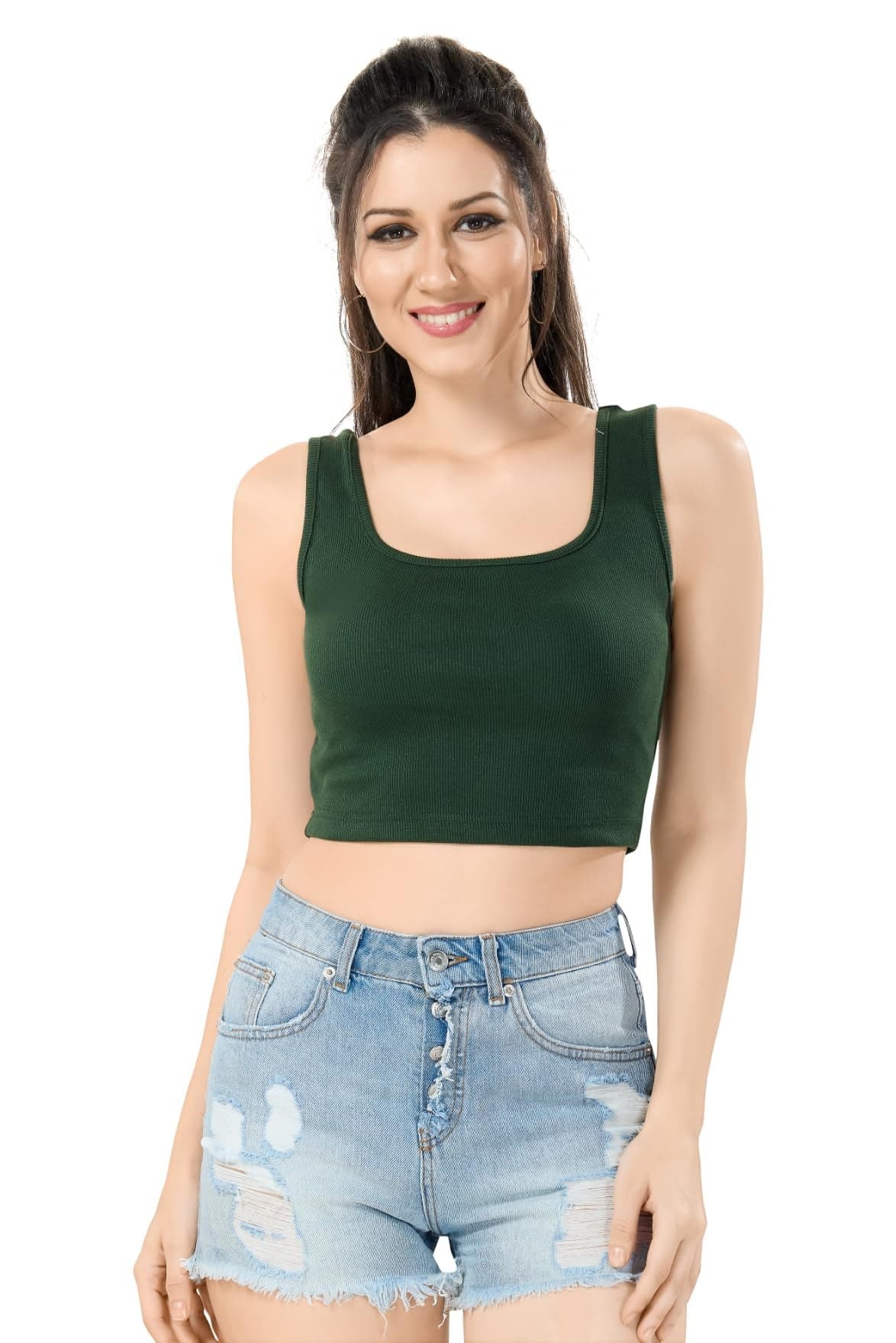 TRASA Women’s Sleeveless Rib Knitted 100 Percent Cotton Racer Back Tank Tops Square Neck Crop Tops - Olive Green - 2XL