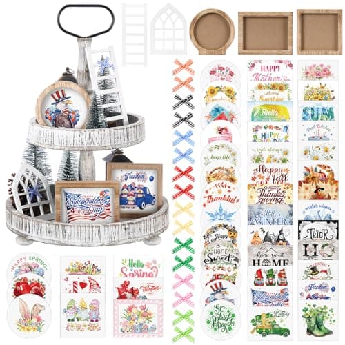 48 Pcs Interchangeable Seasonal Tiered Tray Decor Set Farmhouse Spring Easter Tiered Decorations Include Wood Frames with Ladders Cards Bow Knot Tray Not IncludedLovely ColorHoliday