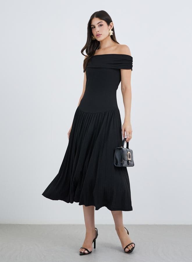 Styli Plain Off Shoulder A-Line Midi Dress