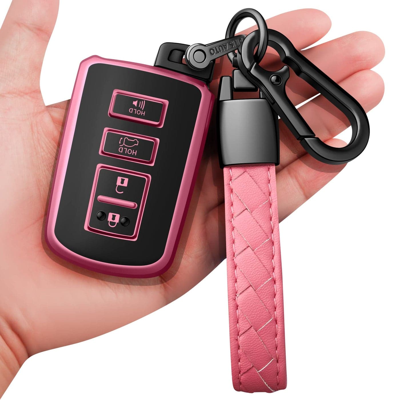 Sindeda for Toyota Key fob Cover with Leather KeychainSoft TPU Full Cover Protection Key Case for Toyota Corolla Camry Avalon Rav 4 Highlander Key Fob Shell Pink