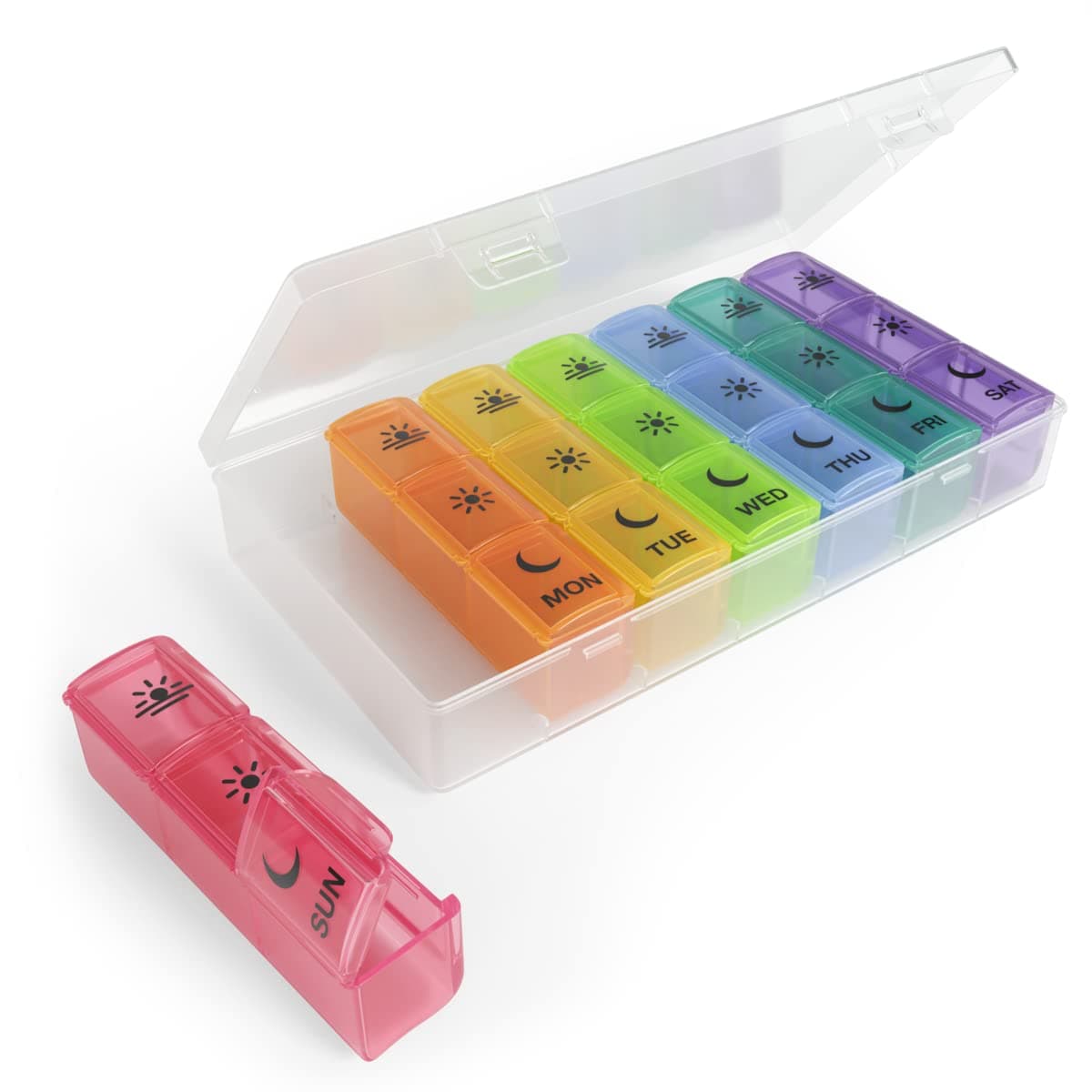 Ezy Dose Weekly 7Day Pill Case Medicine Planner Vitamin Organizer Box Convenient and Easy to Use XLarge PopOut Compartments 3 Times a Day Rainbow Lids with Case BPA Free