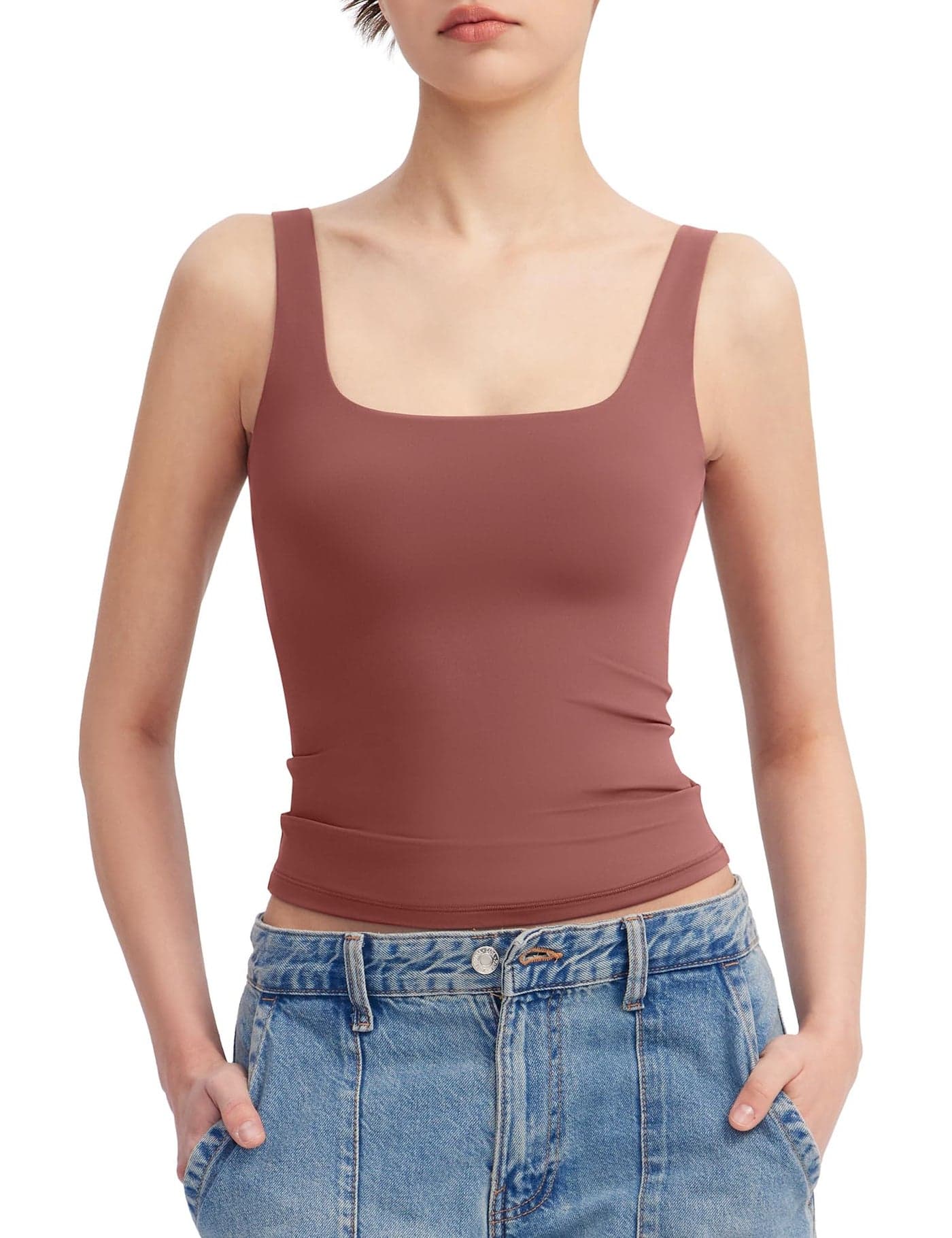 PUMIEY Women's Square Neck Tank Tops Sleeveless Double Lined Basic Going Out Top, Marsala Medium