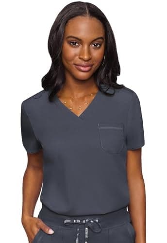 Med Couture Women's V-Neck Scrub Top, Modern Fit Tuck-in Top with Stretchy Rib-Knit Shoulders and Chest Pocket - MC7448, Pewter, Large