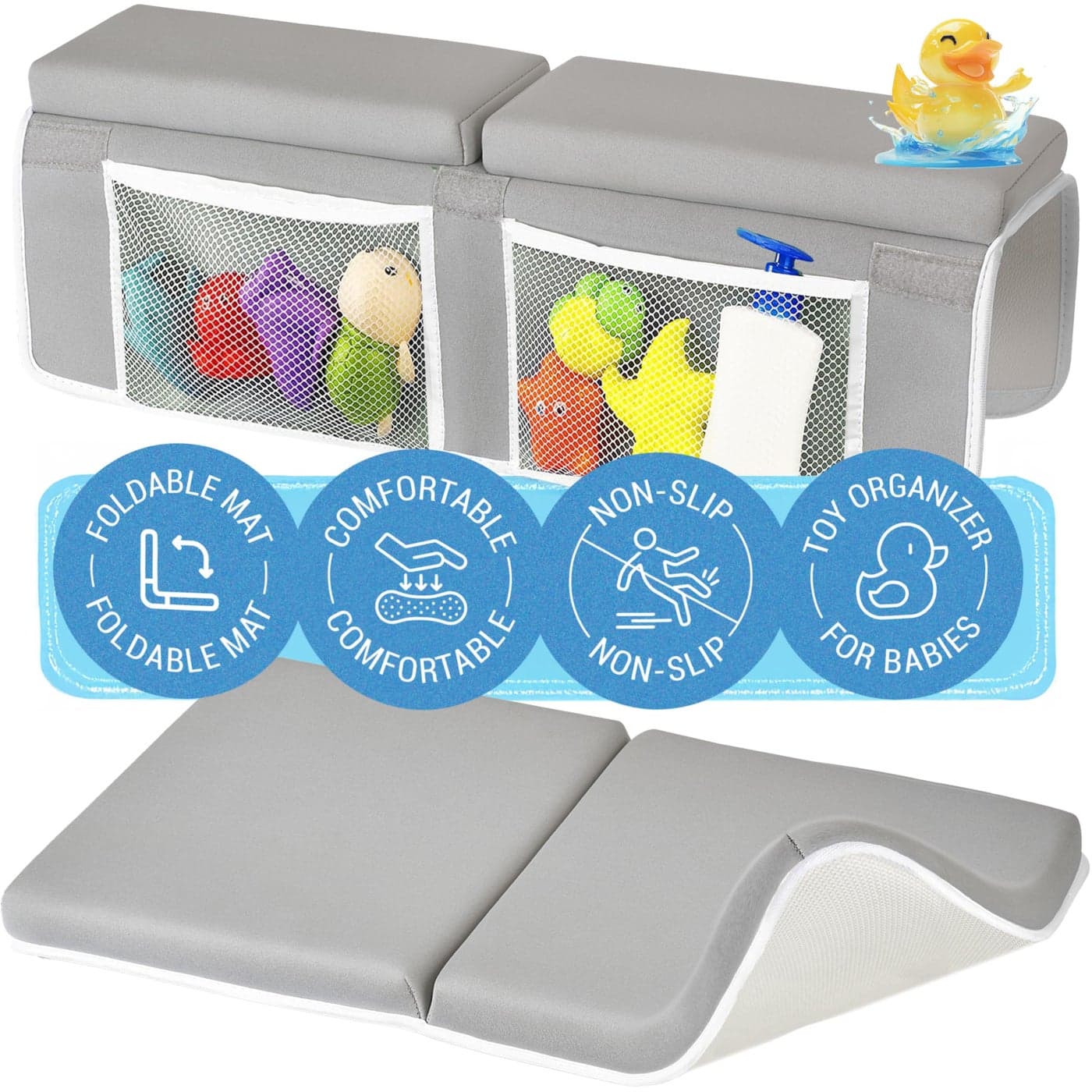 colsen Baby Bath Kneeler and Elbow Kneeling Rest Pad Set Comfortable 15 Thick Painless NonSlip Foldable Mat for Bathing Parents with Toy Organizer for Babies and Toddlers Grey