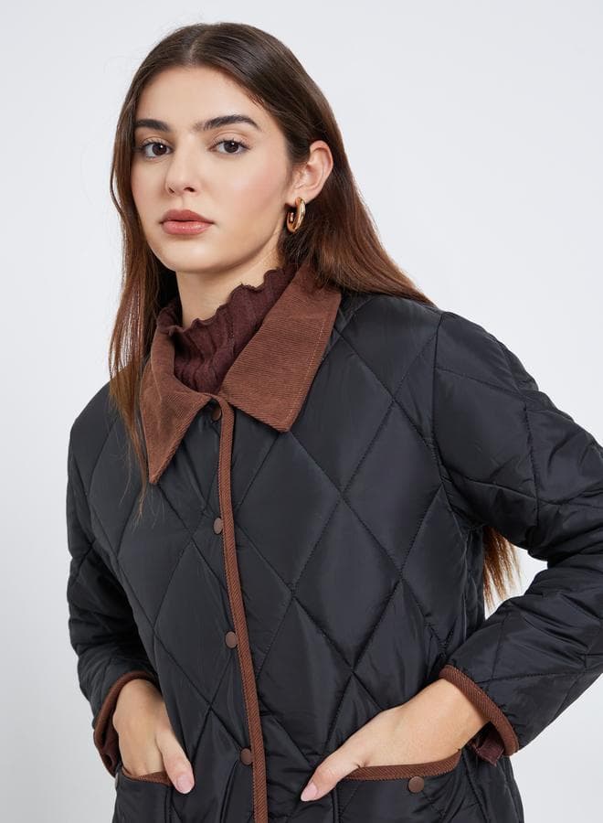 Women Quilted Look Padded Jacket with Collar