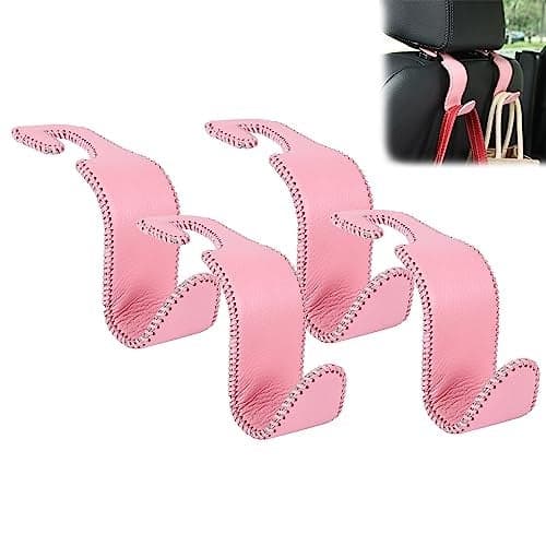 Amooca Car Seat Headrest Hook Universal Vehicle Storage Hanger Leather with Metal Car Seat Back Organizer for Handbag Purse Coat Pink 4 Pack