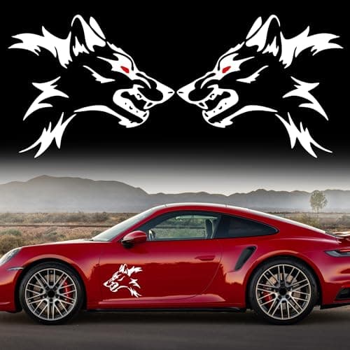 TOMALL 2Pcs Wolf Graphics for Car Body Side Door Stickers Animal Racing Sports Stripe Decals for Car Universal Vinyl Waterproof Wolf Head Decal for Truck SUV OffRoad Vehicle Sticker DecorationWhite
