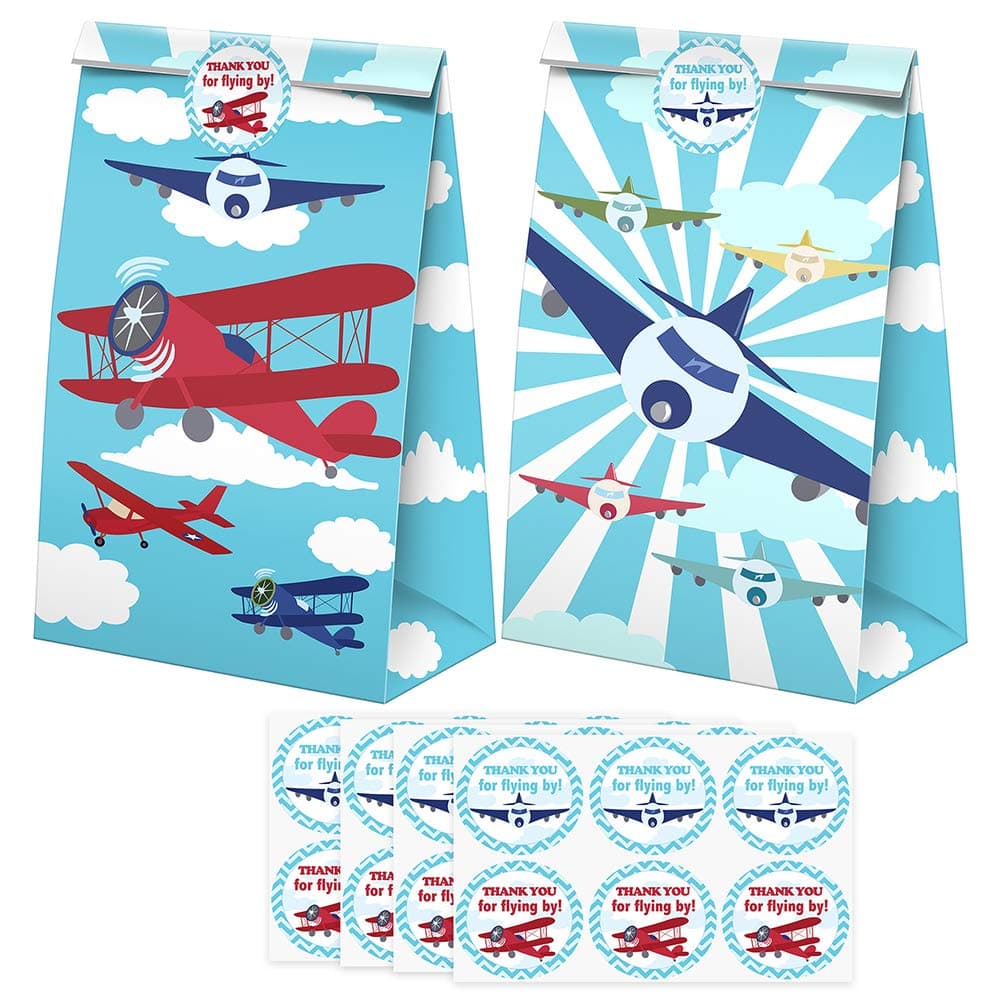 SamPartyShop Airplane Goodie Bags-24 Pcs Airplane Party Favors Candy Bags with Stickers, Airplane Goody Gift Treat Bags Airplane Themed Birthday Party Supplies