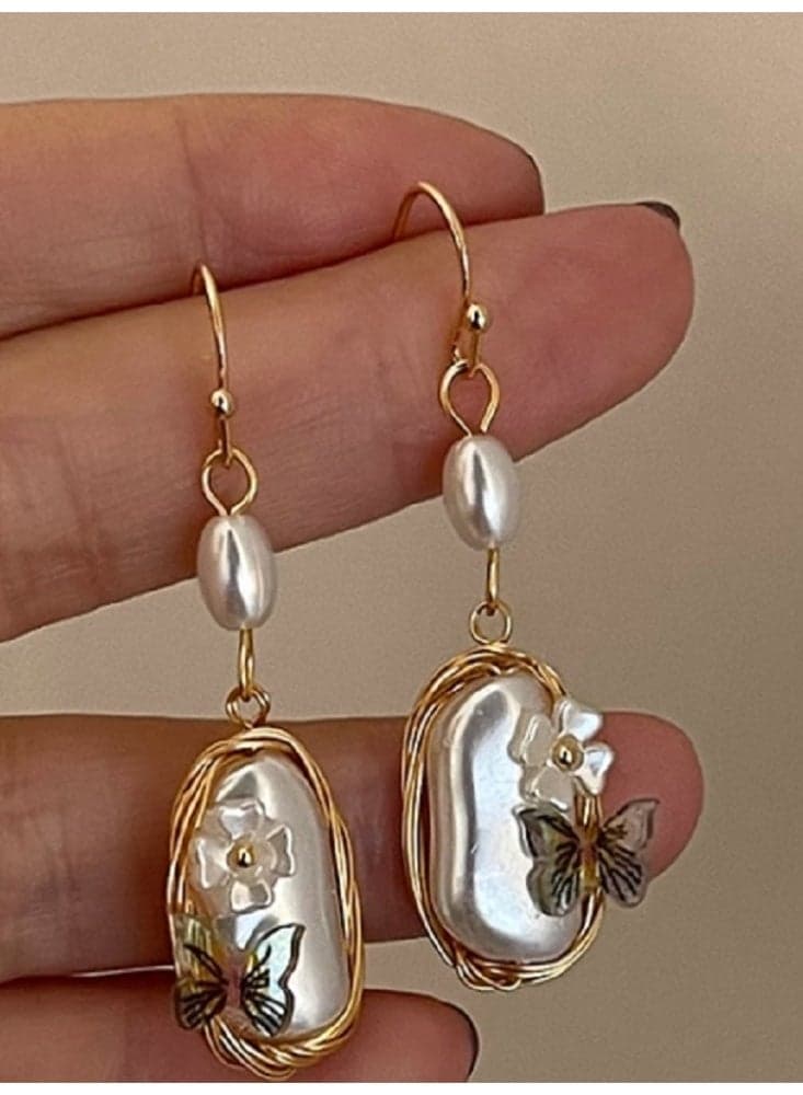 Retro French erfly Flower Pearl Earrings, High Grade Earrings, Trendy Earrings