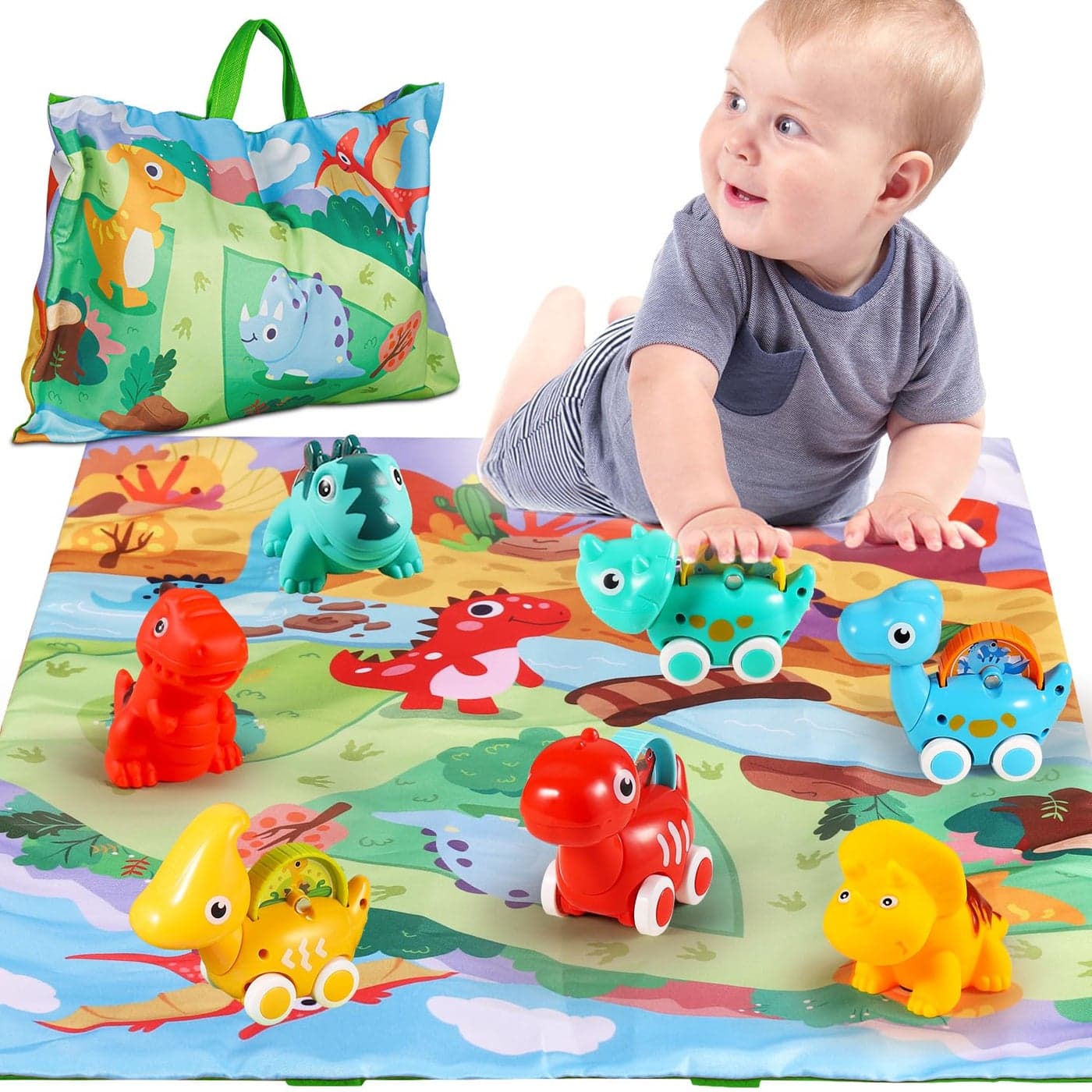 ALASOU 7 PCS Dinosaur Fantastic Creatures Toys with Playmat/Storage Bag|Baby Car Toys for 1 Year Old Boy|1st Birthday Gifts for Toddler Age 1-2|1 Year Old Boy Birthday Gift for Infant 12 18 Months
