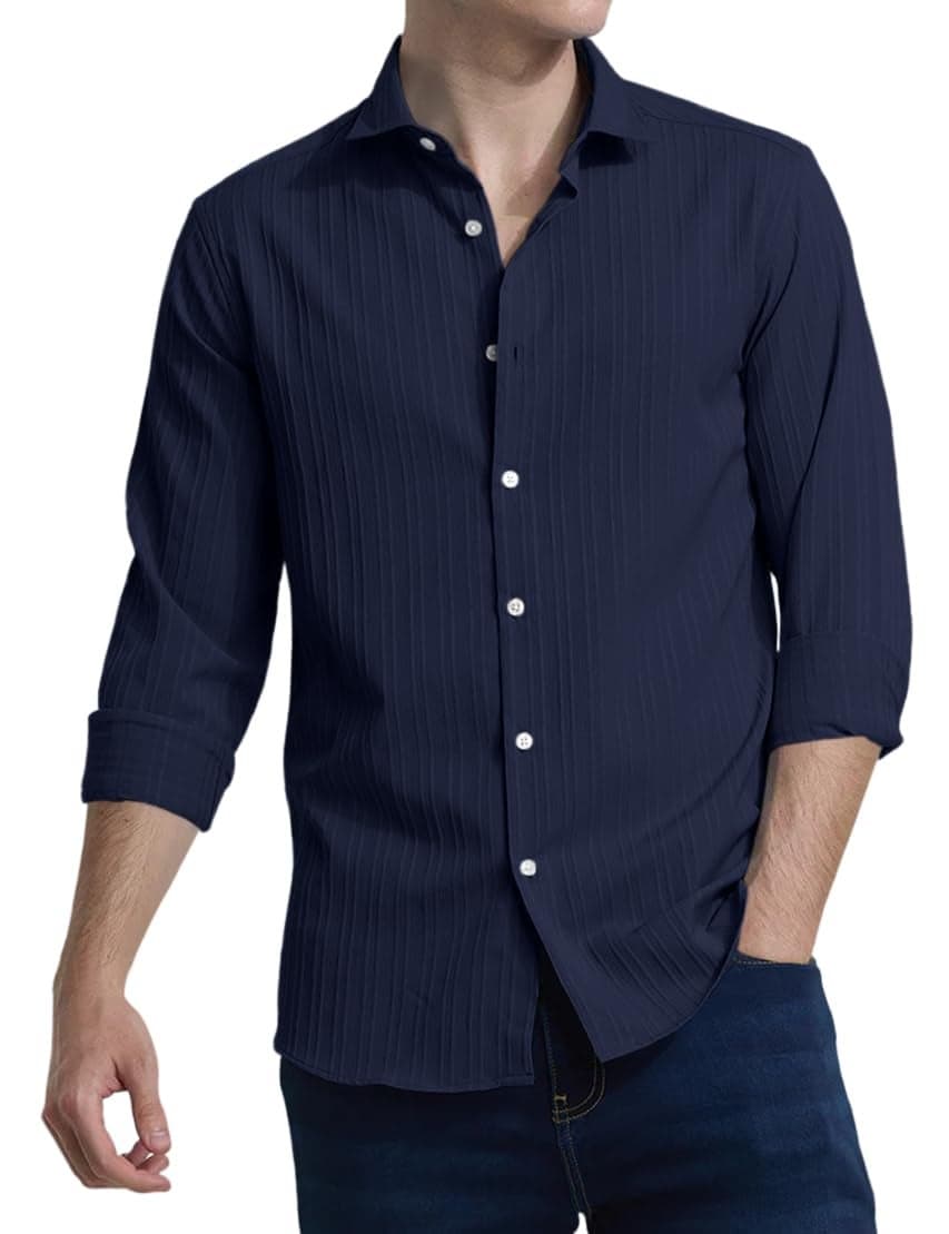 FINIVO FASHION Men's Casual Cotton Plain Button Down Shirts Full Sleeve Textured Summer Beach Shirt for Men Navy