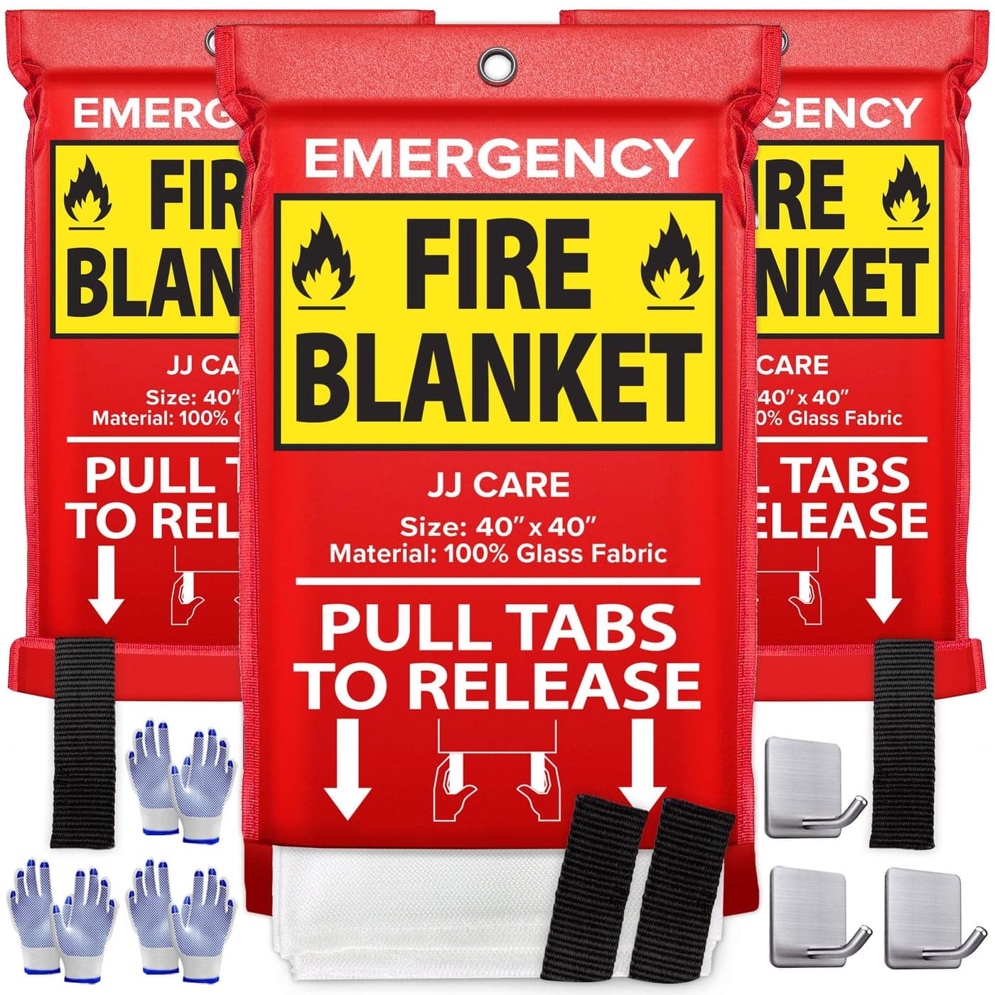 JJ CARE Fire Blanket 3 Packs with Hooks and Gloves Emergency Fire Blanket for Home Kitchen High Heat Resistant Fire Suppression Blankets for Home Safety Kitchen and Camping