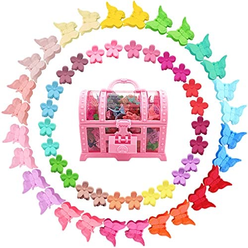EleMirsa 80 Pieces Butterfly Hair Clips Flower Hair Clips Mini Claw Clip Jaw Clips with Toy Treasure Box for Baby Girls Kids Toddlers Dress up Butterfly Hair clips