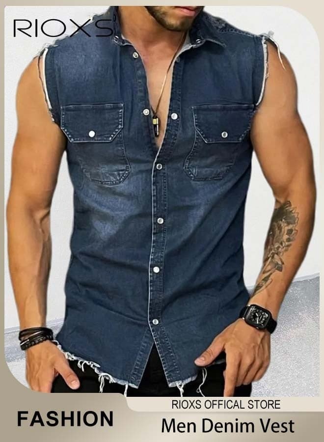 Men's Denim Vest, Vintage Lapel Sleeveless Frayed Jean Vest for Men, Casual Slim Fit Button Down Veat with Chest Pockets, Fashionable Cowboy Sleeveless Shirt, Suitable for Party, Dating, Business Work, Daily Wear and Other Activities