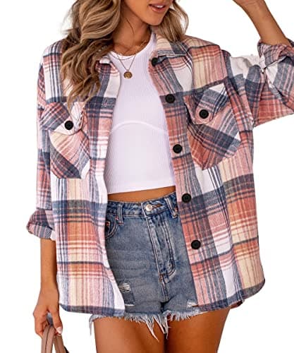 AUTOMET Womens Fall Outfits Fashion Clothes Shackets Flannel Plaid Button Down Long Sleeve Shirts Jackets Bluepink M