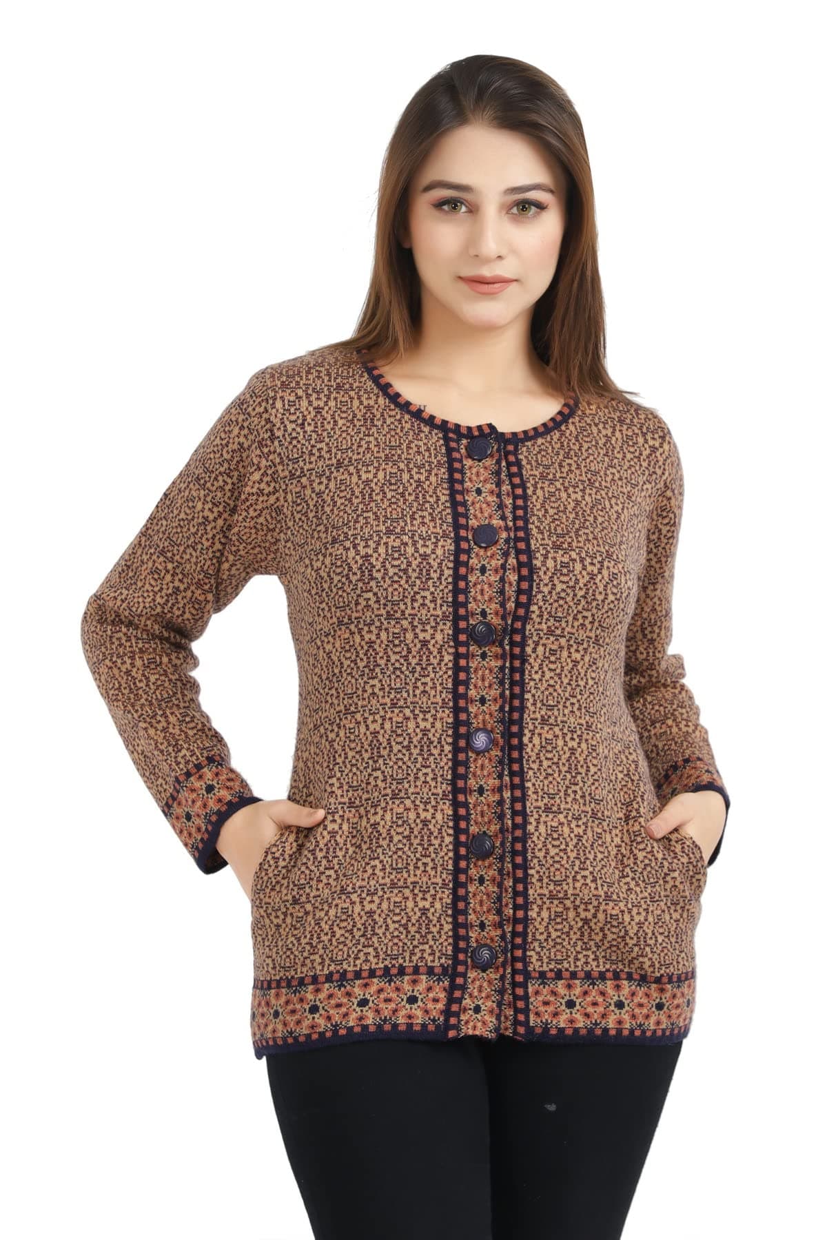 aarbee Round Neck Woollen Cardigan for Women (Large, Navy/Camel)