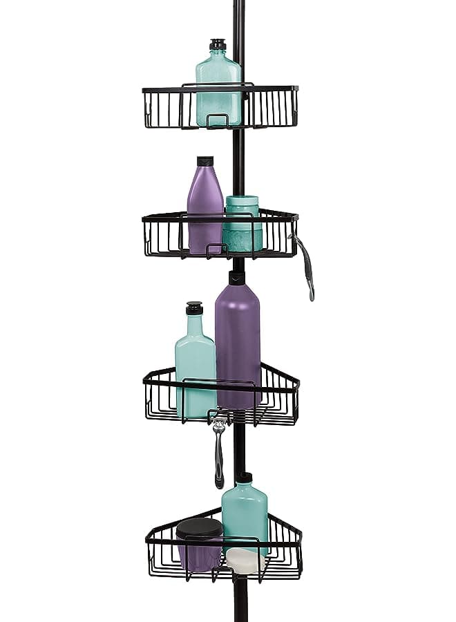 Home Tension Pole Shower Caddy, 4 Basket Shelves, Adjustable, 60 to 108 Inch, Bronze