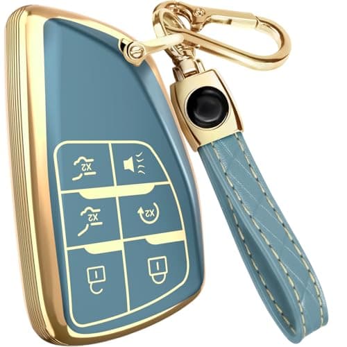 Lucrum Compatible with Chevy, GMC, and Buick Key Fob Cover & Leather Keychain - Keyfob Case for Silverado Tahoe Avenir Envision - (2021-2025) - Blue and Gold